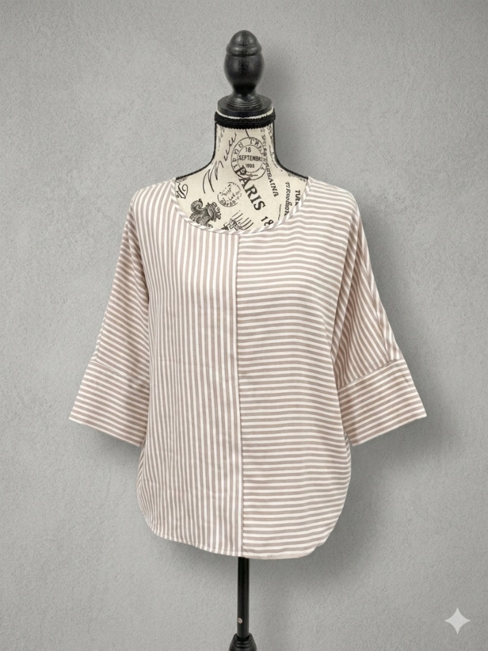 Express Mixed Striped Dolman Top Med. Taupe White Keyhole Back Blouse Chic